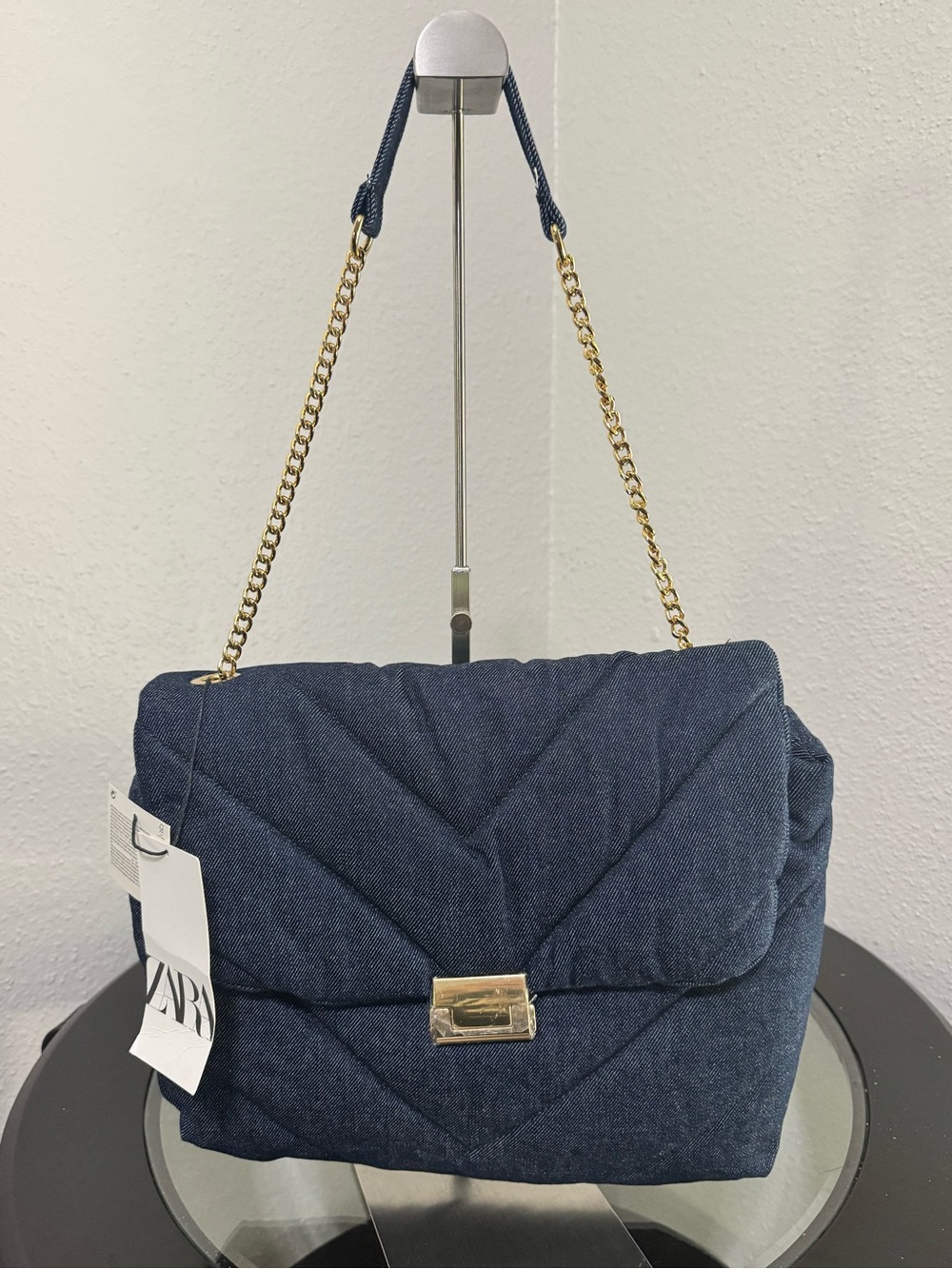 Zara Dark Blue Quilted Shoulder Bag with Gold Chain